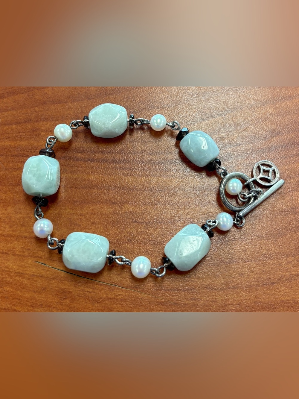 925 Sterling Silver Signed BJ Bead & Pearl Bracelet